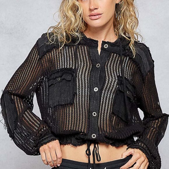 B33 NEW! POL perfection in black see through button up shacket w/tie waist-LUXE - Picture 2 of 7